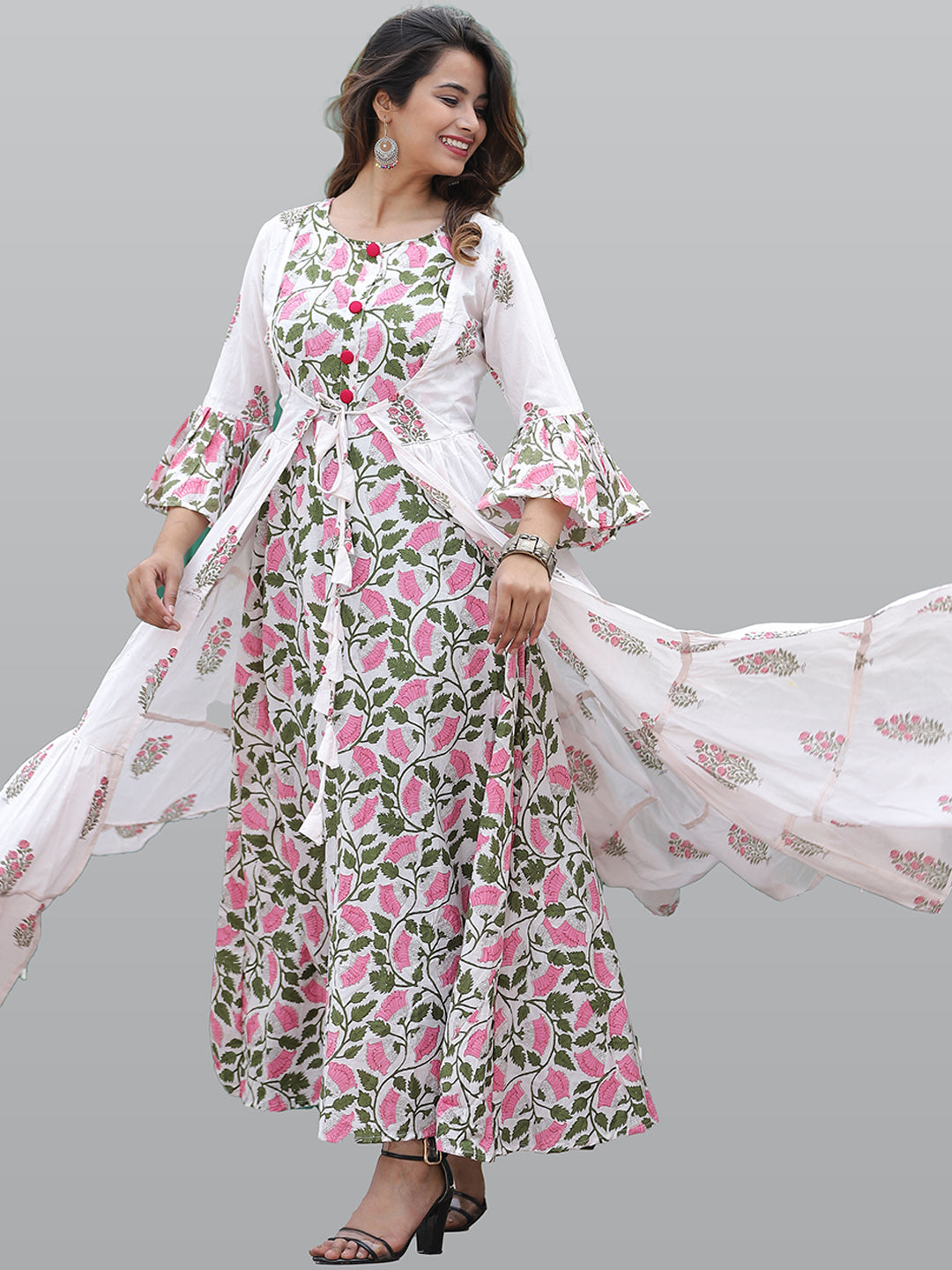 Kalini Women White & Pink Floral Printed Flared Sleeves Floral Anarkali Kurta - Distacart