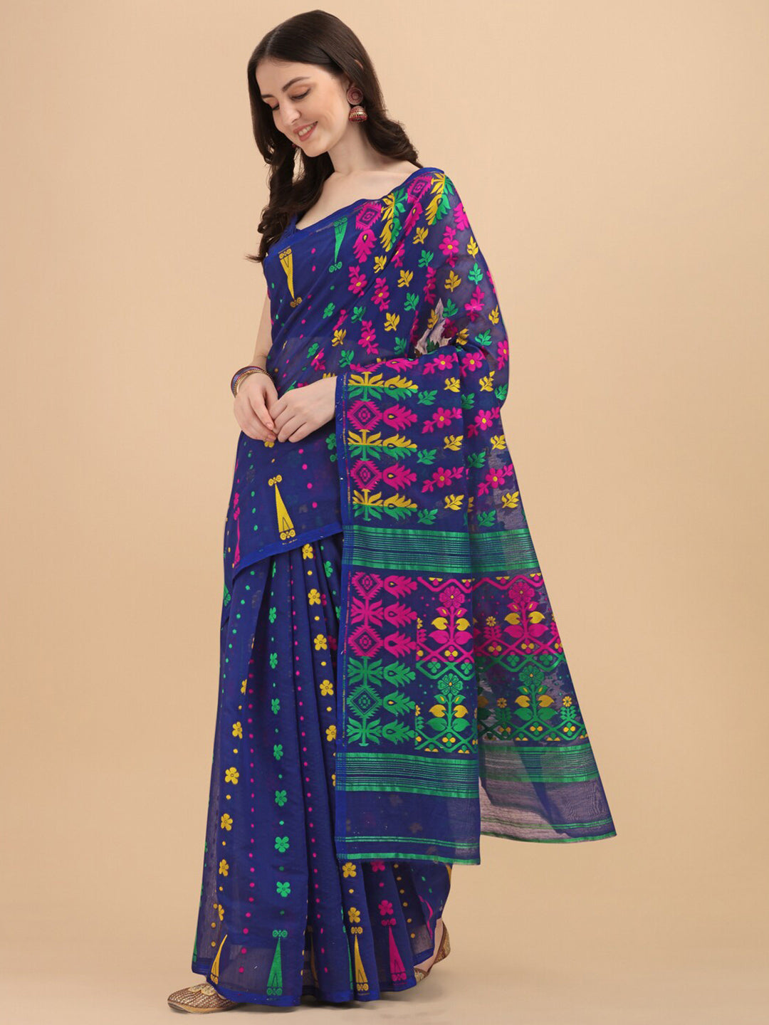 Kalini Navy Blue & Multi Color Floral Printed Silk Cotton Jamdani Saree - Distacart