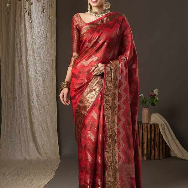 Saree Mall Pink & Gold-Toned Woven Design Zari Silk Blend Bagru Sarees - Distacart