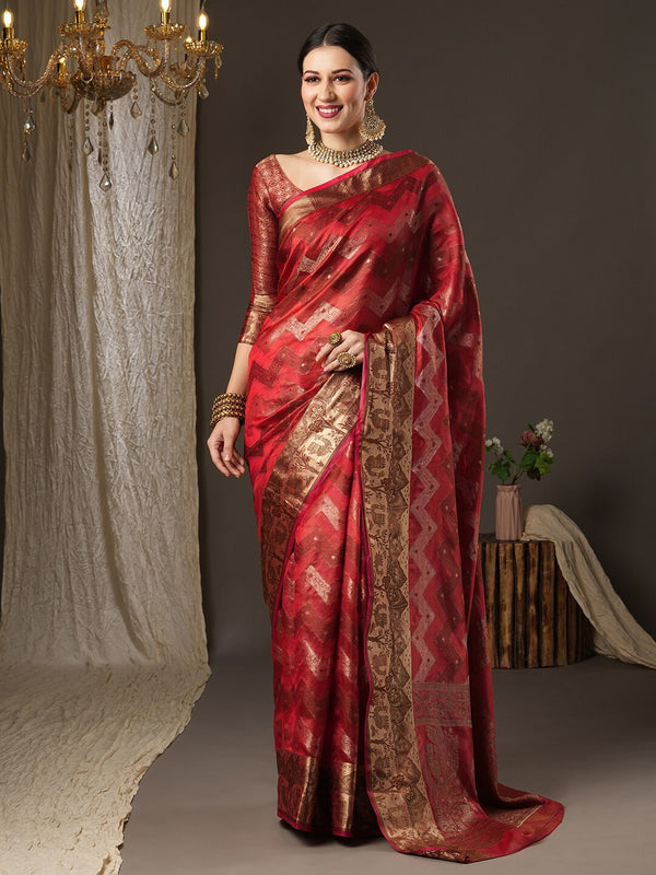 Saree Mall Pink & Gold-Toned Woven Design Zari Silk Blend Bagru Sarees - Distacart