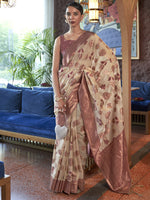 Thumbnail for Mitera Off White & Gold-Toned Floral Zari Organza Banarasi Saree - Distacart