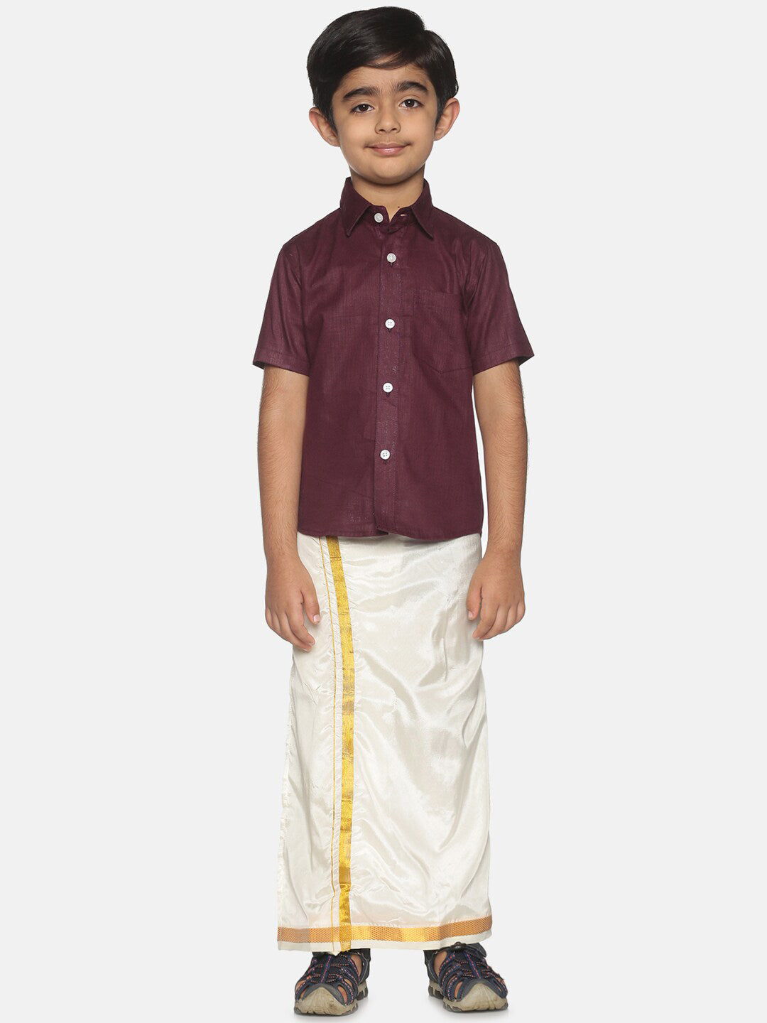 Sethukrishna Boys Maroon & White Pure Cotton Shirt with Dhoti - Distacart