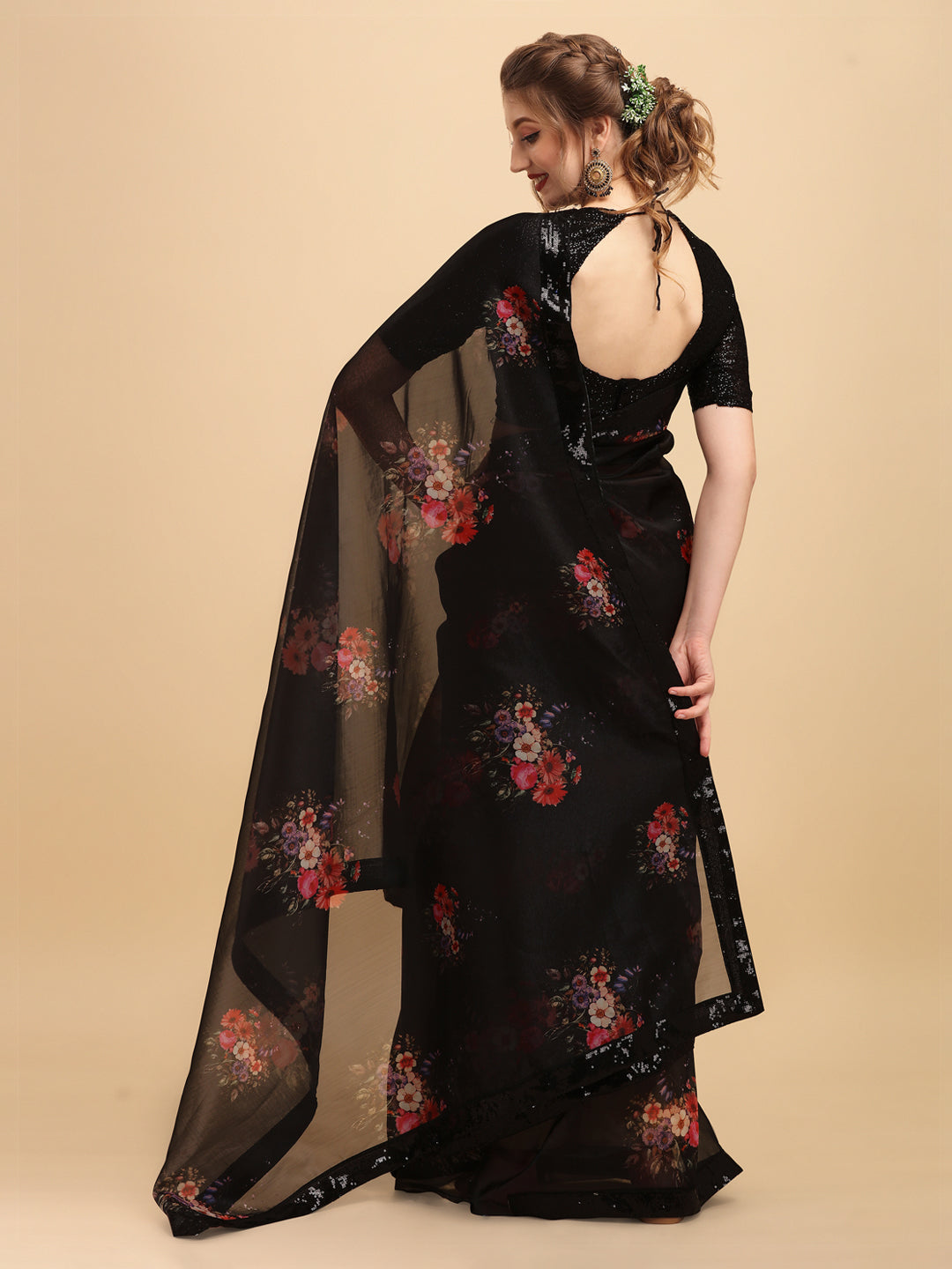 Sangria Black & Coral Floral Sequinned Organza Celebrity Saree - Distacart