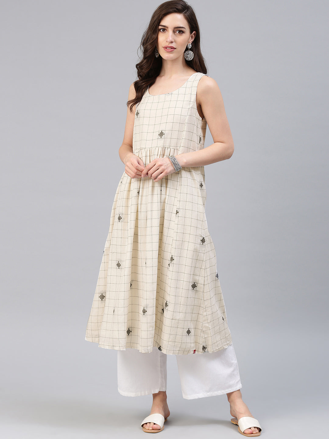Biba Women Off-White & Black Checked Anarkali Kurta - Distacart