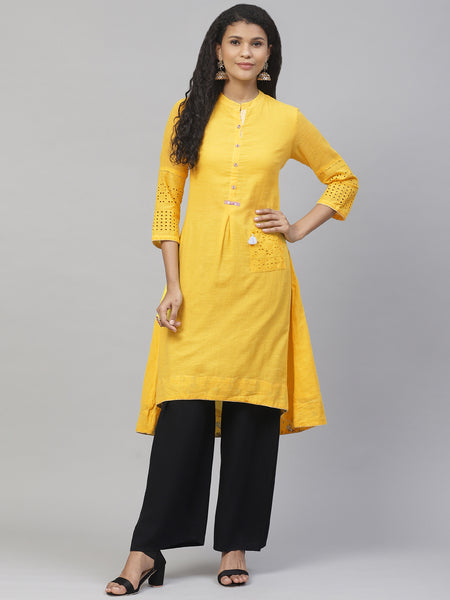 Biba Women Yellow Solid A-Line Kurta - Distacart