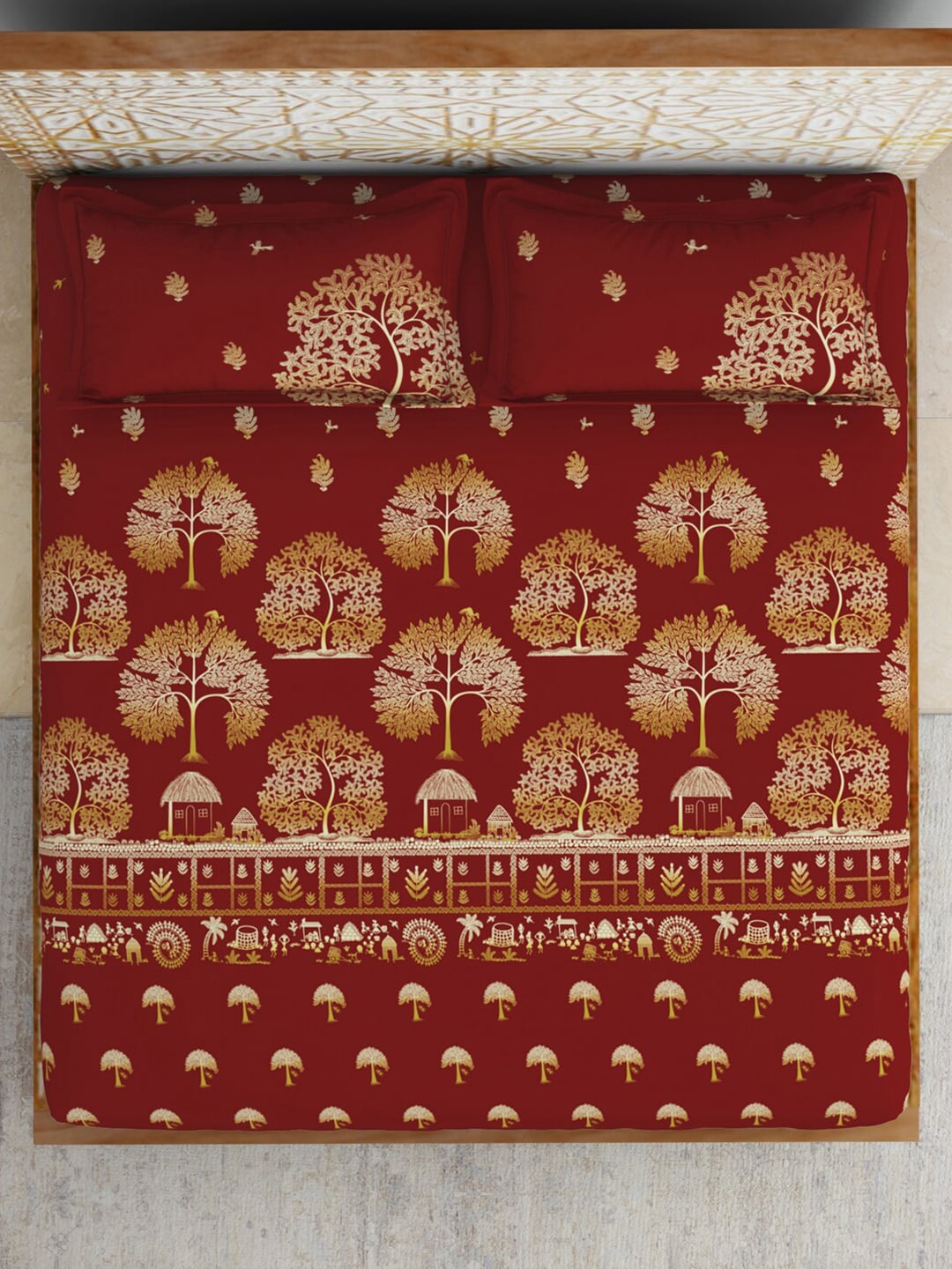 SPACES Red & Yellow Ethnic Motifs Cotton 210 TC King Bedsheet With 2 Pillow Covers - Distacart