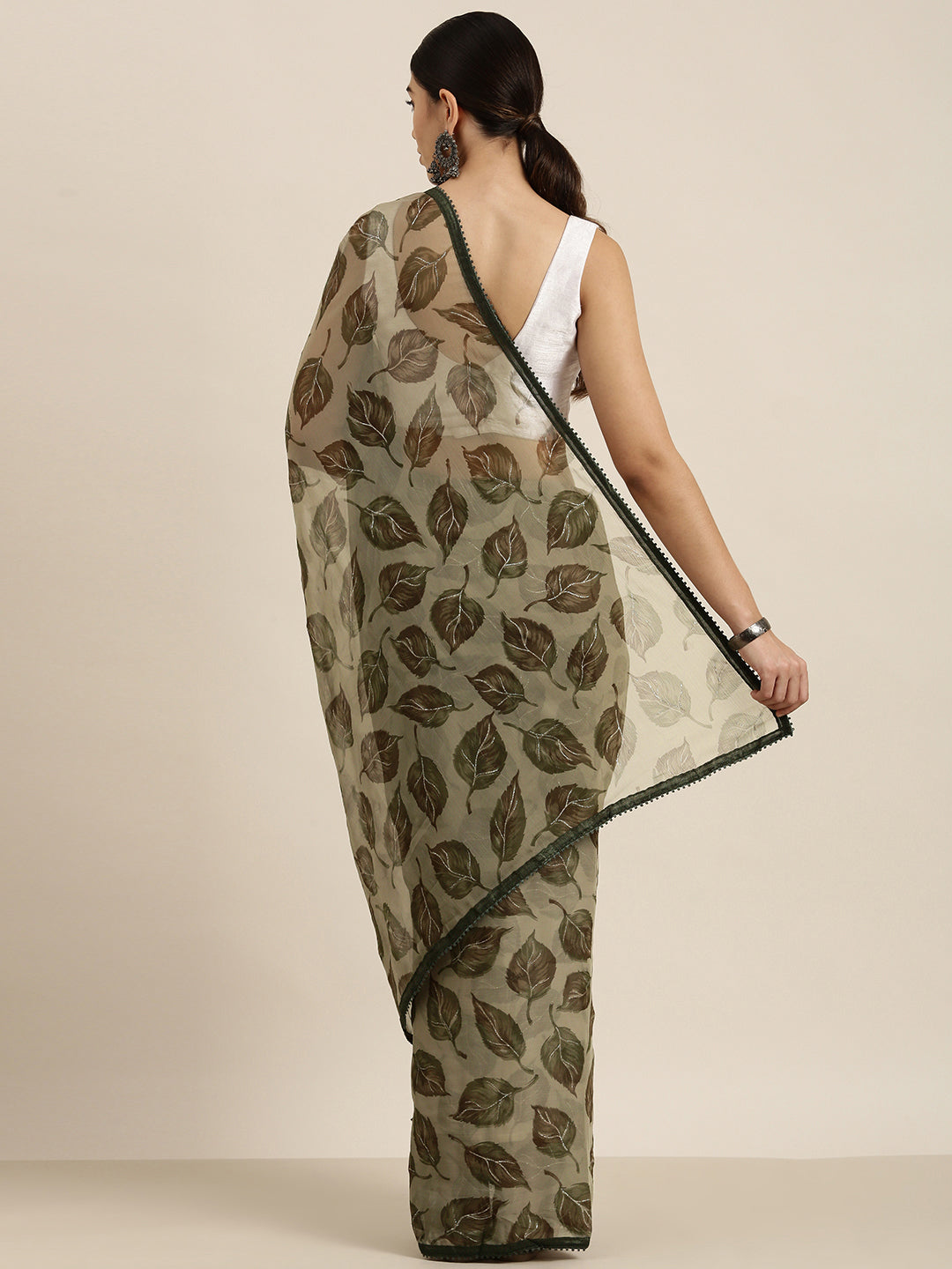 Sangria Olive Green Leaf Print Pure Chiffon Saree - Distacart