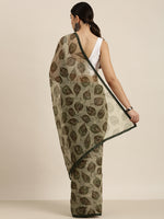 Thumbnail for Sangria Olive Green Leaf Print Pure Chiffon Saree - Distacart