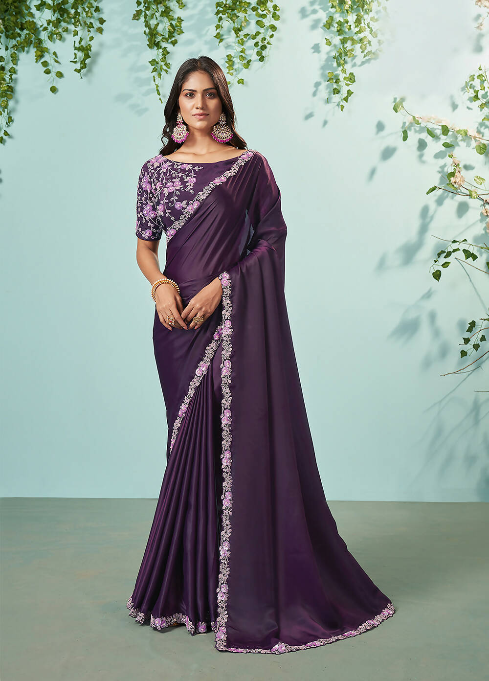 Dark Purple Silk crepe Solid Saree With Unstitched Blouse Piece - Norita Ikshita - Distacart