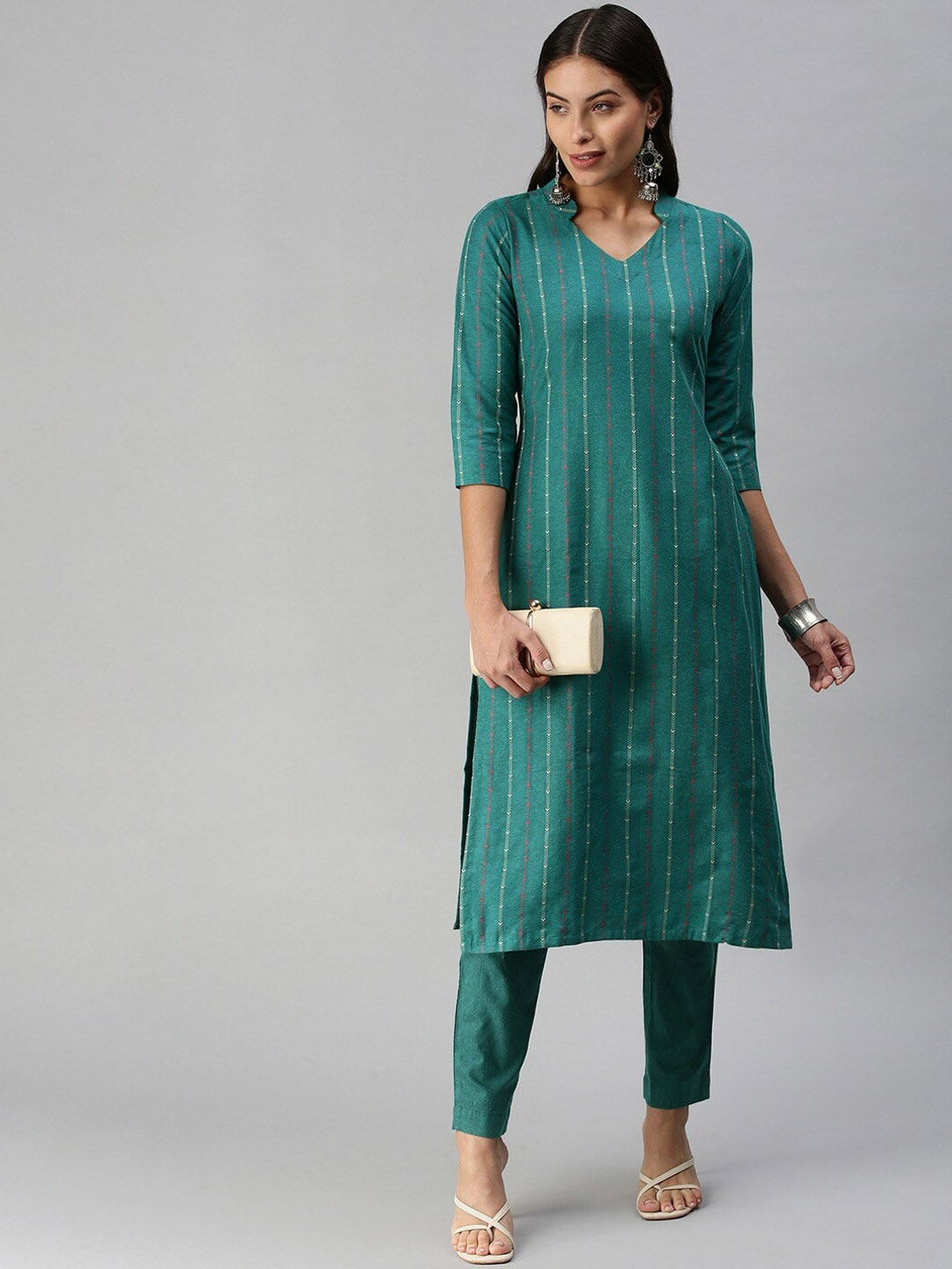 Kalini Mandarin Collar Woven Design Kurta with Trousers - Distacart
