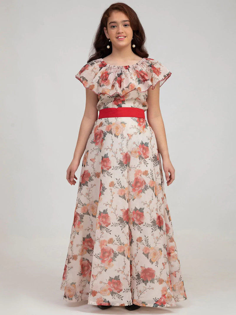 NOZ2TOZ Off White &amp; Red Floral Print Maxi Dress For Girls - Distacart