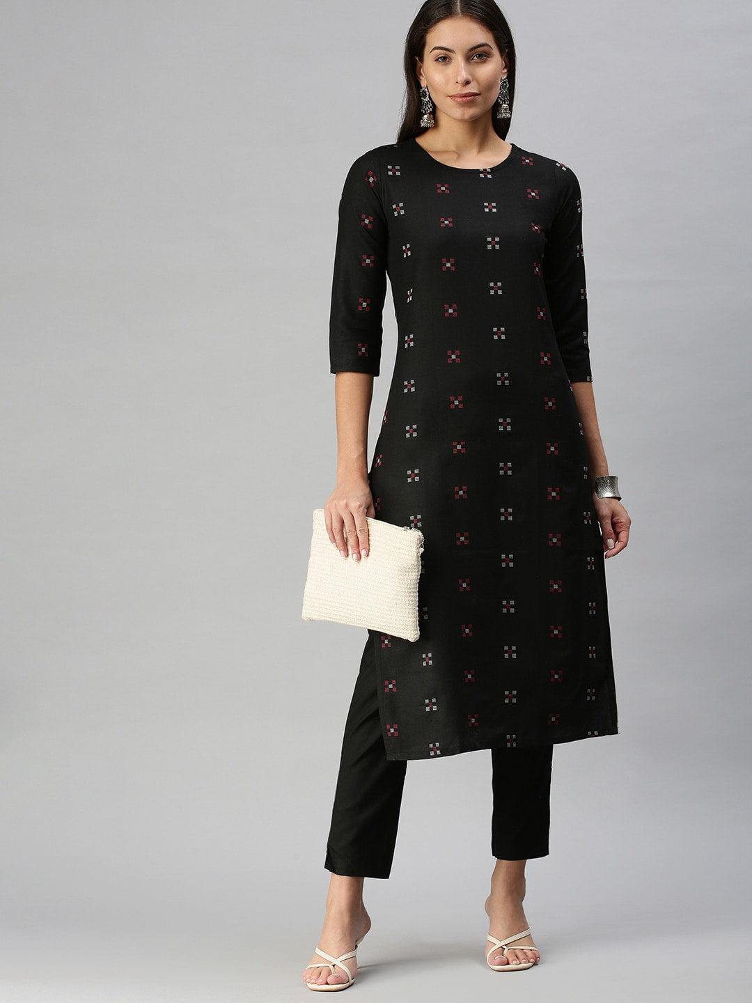 Kalini Women Black Pure Cotton Geometric Woven Design Kurta with Trousers - Distacart