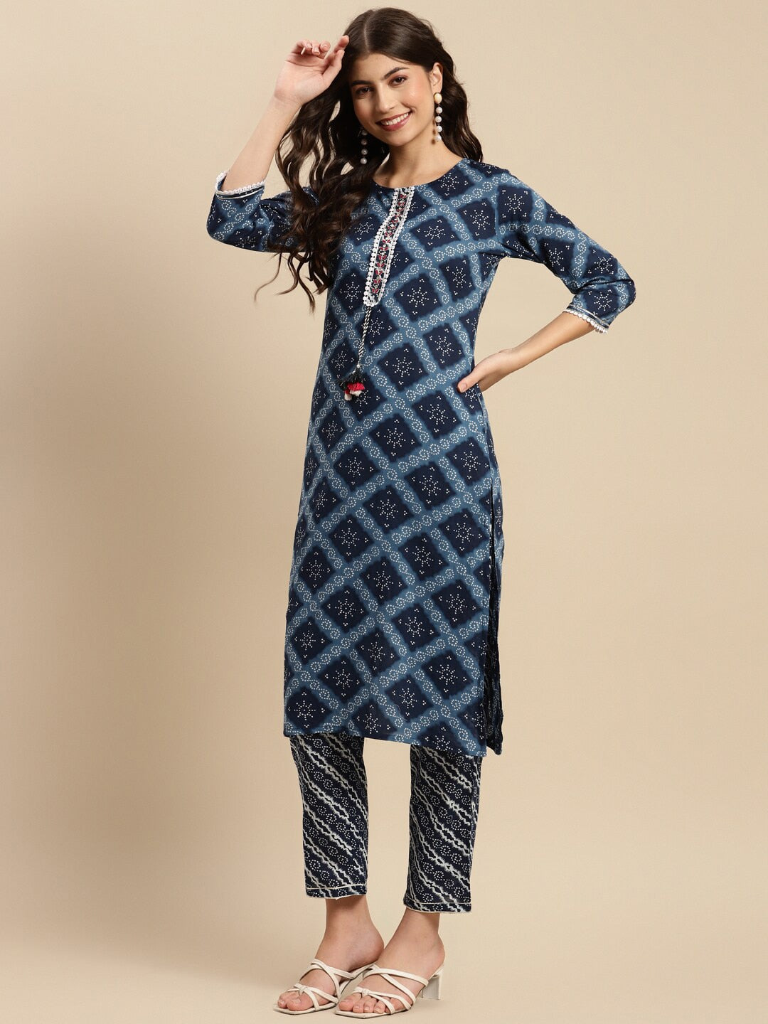Sangria Indigo Blue Geometric Printed Pure-Cotton Straight Kurta With Trouser & Dupatta - Distacart