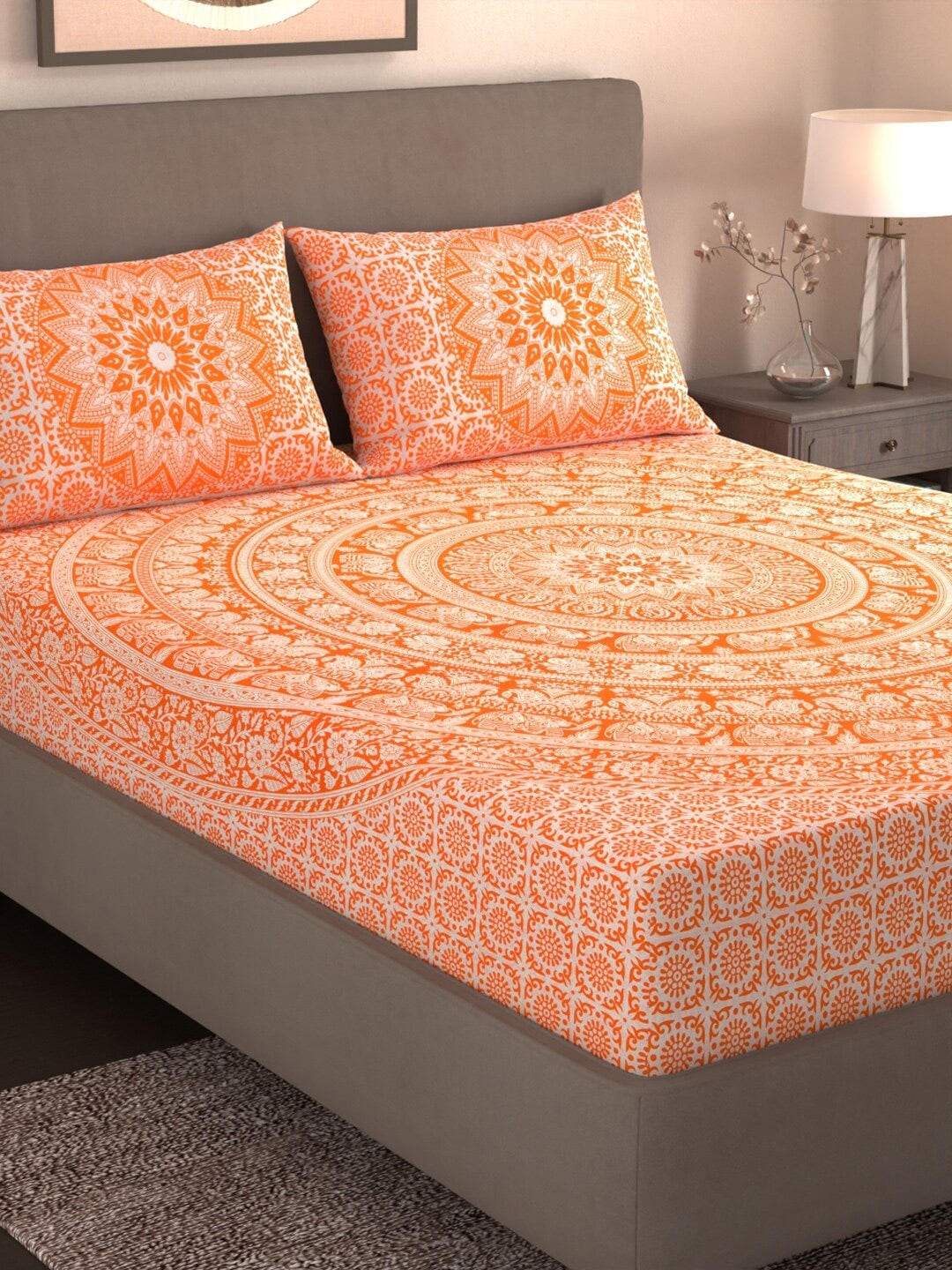 Varde Orange & White Ethnic Motifs Cotton 210 TC King Bedsheet With 2 Pillow Covers - Distacart