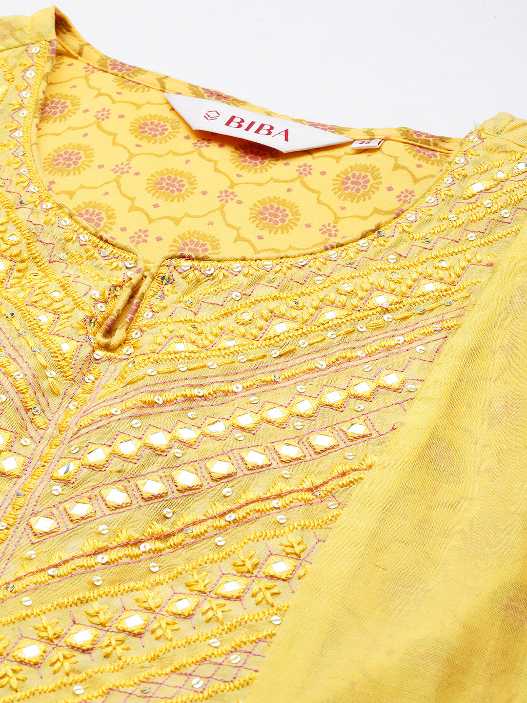 Biba Women Yellow Ethnic Motifs Yoke Design Mirror Work Kurta with Trousers & With Dupatta - Distacart