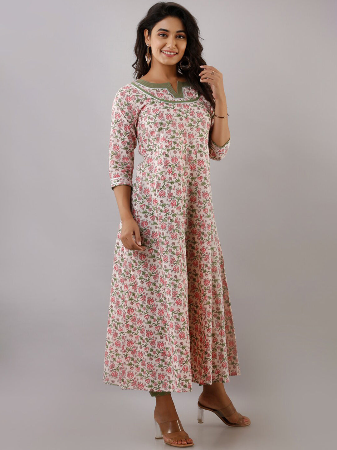 Kalini Women Pink Floral Printed Anarkali Cotton Kurta - Distacart