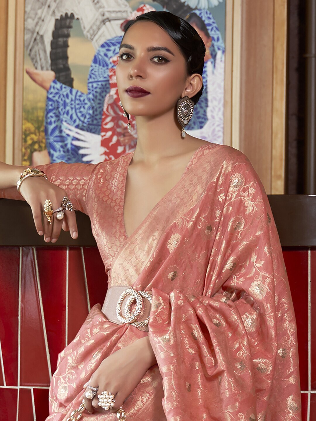 Mitera Pink & Gold-Toned Woven Design Zari Silk Blend Banarasi Saree - Distacart