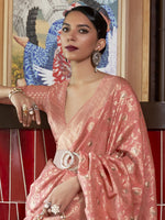 Thumbnail for Mitera Pink & Gold-Toned Woven Design Zari Silk Blend Banarasi Saree - Distacart
