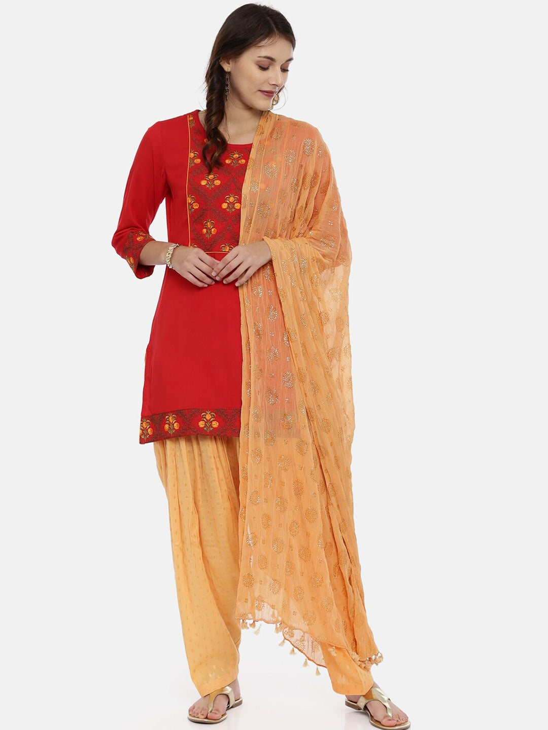 Souchii Beige & Gold Foil Print Dupatta with Tasselled Border - Distacart