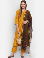 Thumbnail for Janasya Mustard Yellow & Brown Solid Kurta with Trousers & Dupatta - Distacart