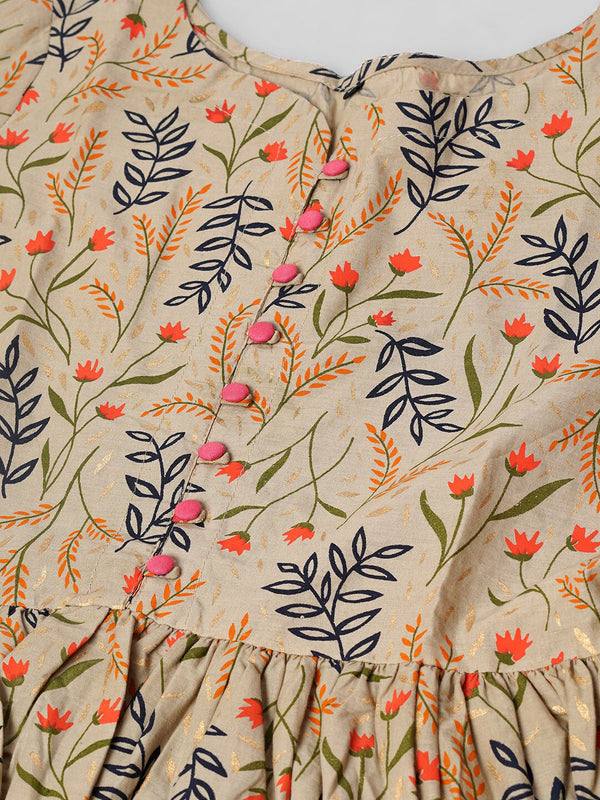 Kalini Women Brown Floral Printed Flared Sleeved Pure Cotton Anarkali Kurta - Distacart