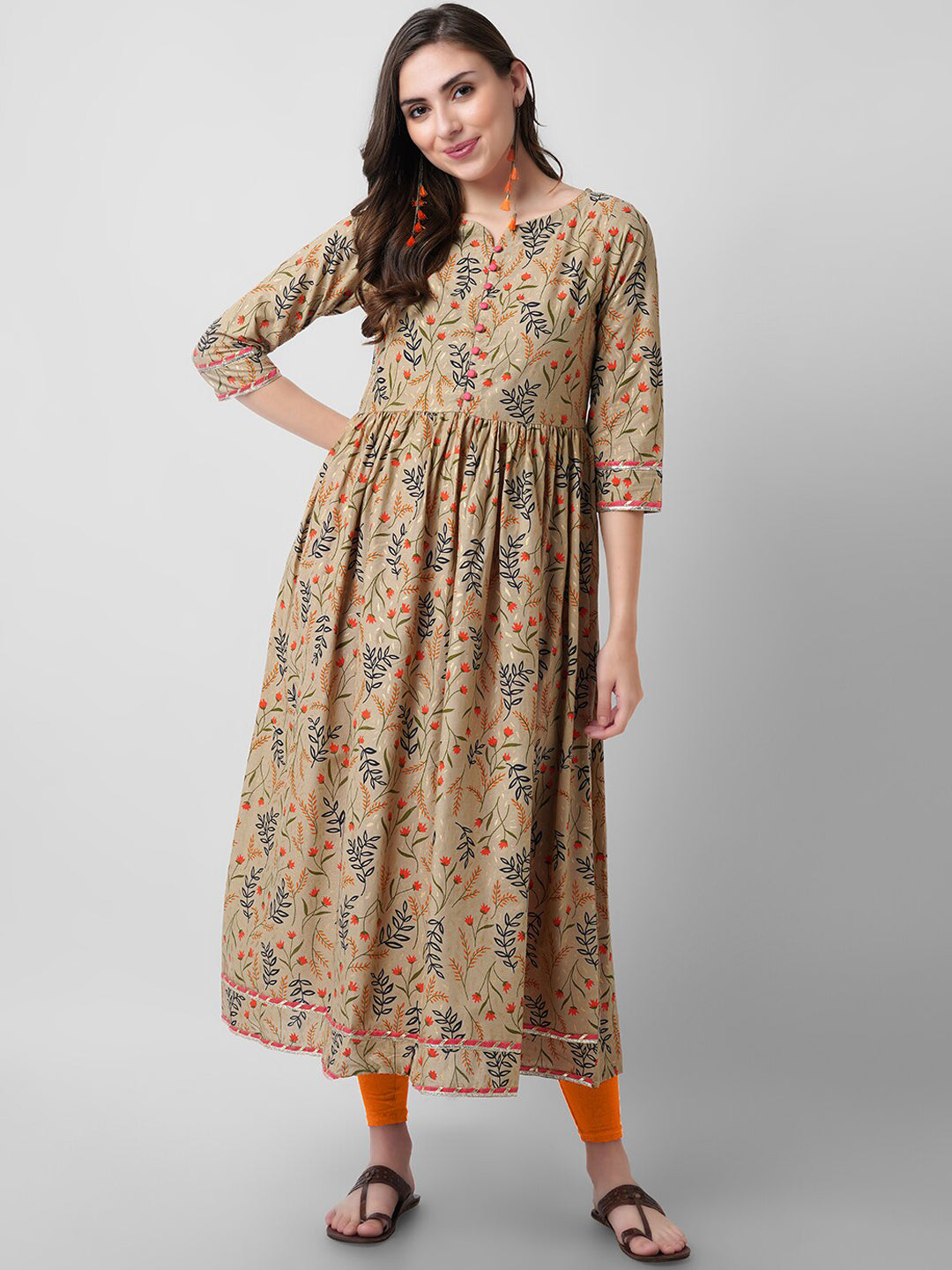Kalini Women Brown Floral Printed Flared Sleeved Pure Cotton Anarkali Kurta - Distacart