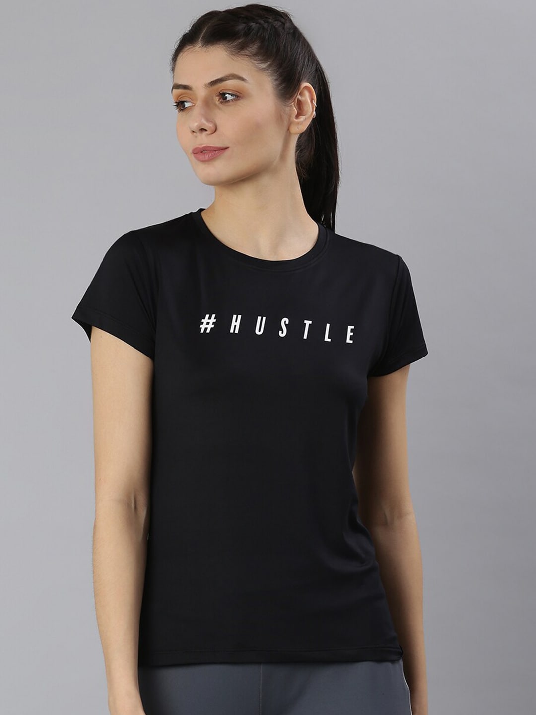 MKH Women Black Typography Printed Dri-FIT Sports T-shirt - Distacart