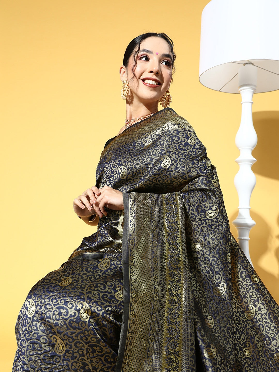 Saree Mall Navy Blue & Gold-Toned Ethnic Motifs Zari Silk Blend Banarasi Sarees - Distacart