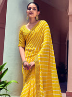 Thumbnail for Mitera Yellow & White Leheriya Printed Embroidered Poly Georgette Leheriya Saree - Distacart