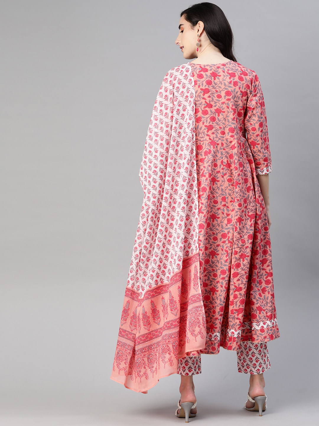 Ahika Women Pink & White Printed Pure Cotton Anarkali Angrakha Kurta Set - Distacart