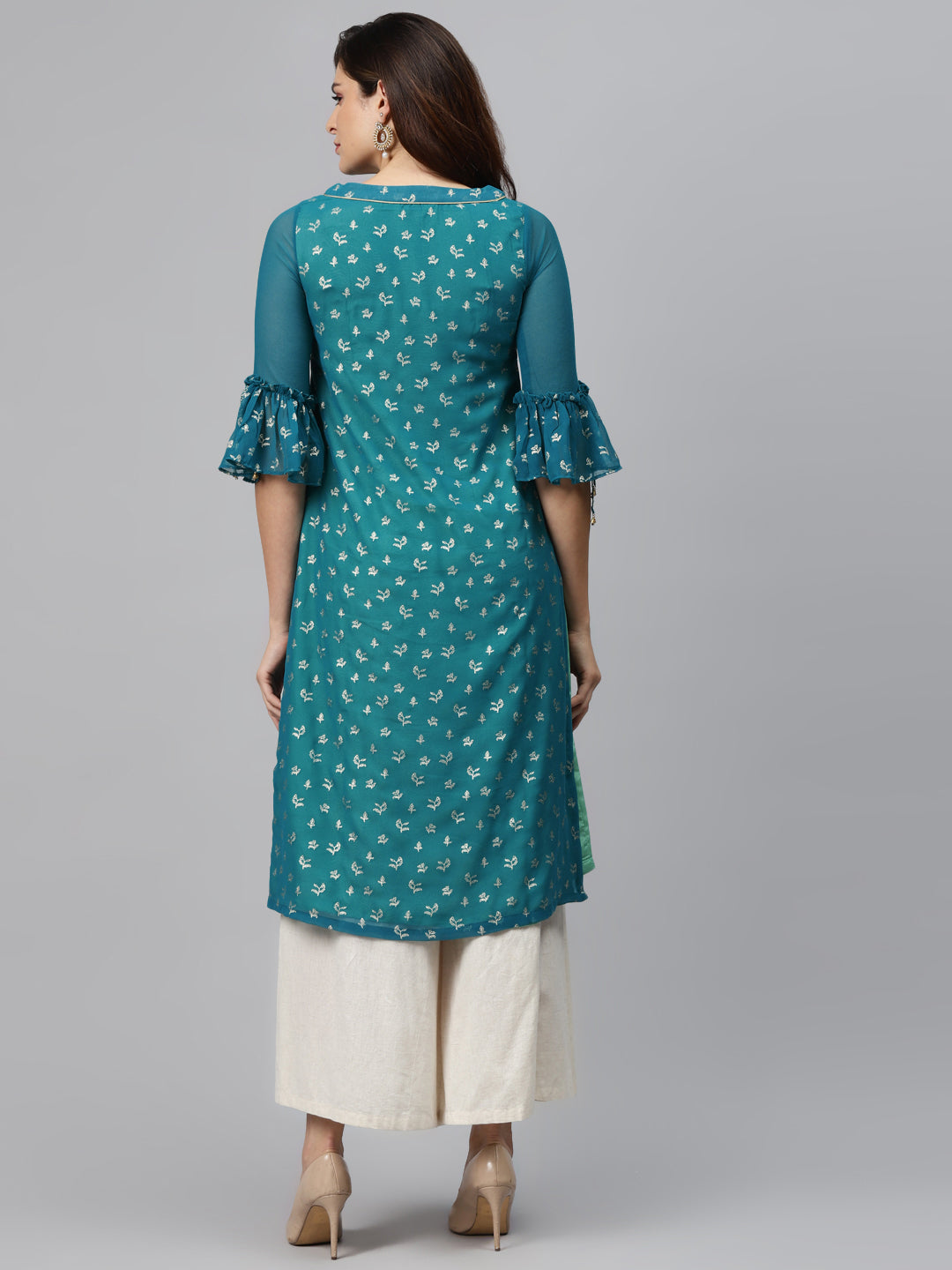 Biba Women Teal Blue & Golden Printed Straight Layered Kurta - Distacart