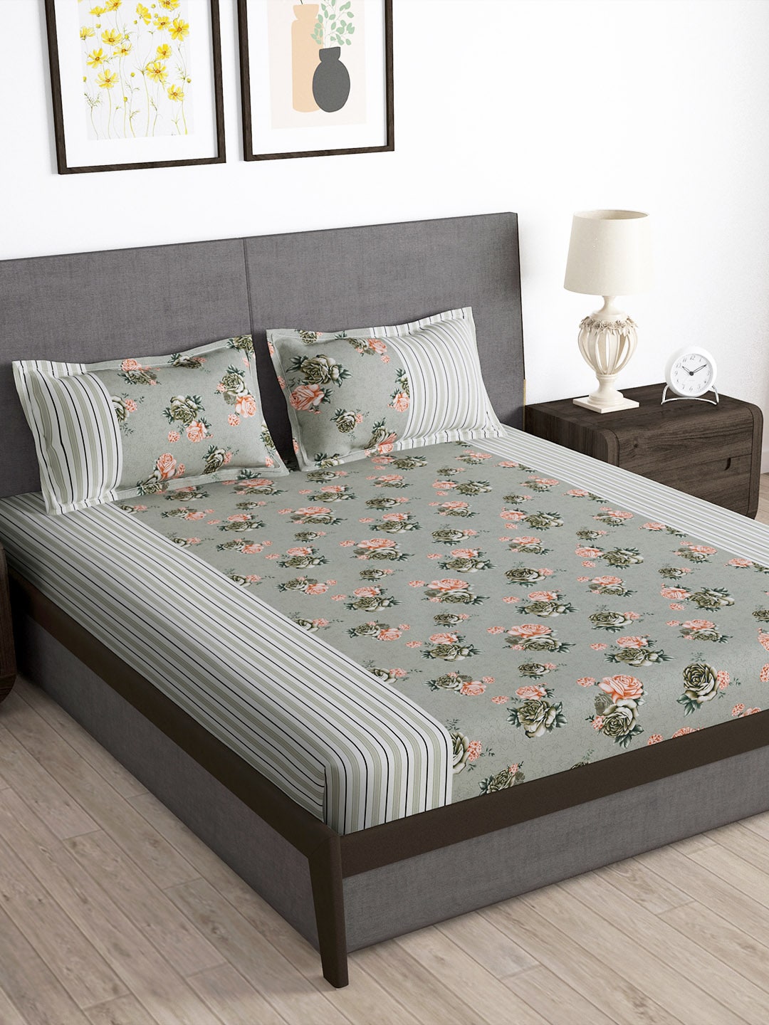 Story@home Arena Grey & Pink Floral Printed 180 TC Bedsheet & Pillow Covers - Distacart