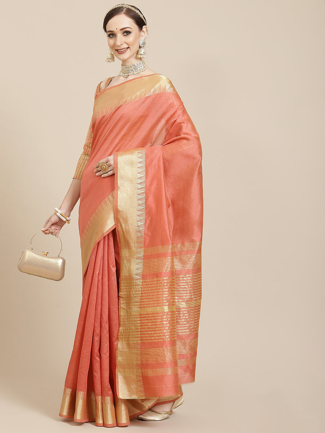 Kalini Coral & Golden Woven Design Saree - Distacart