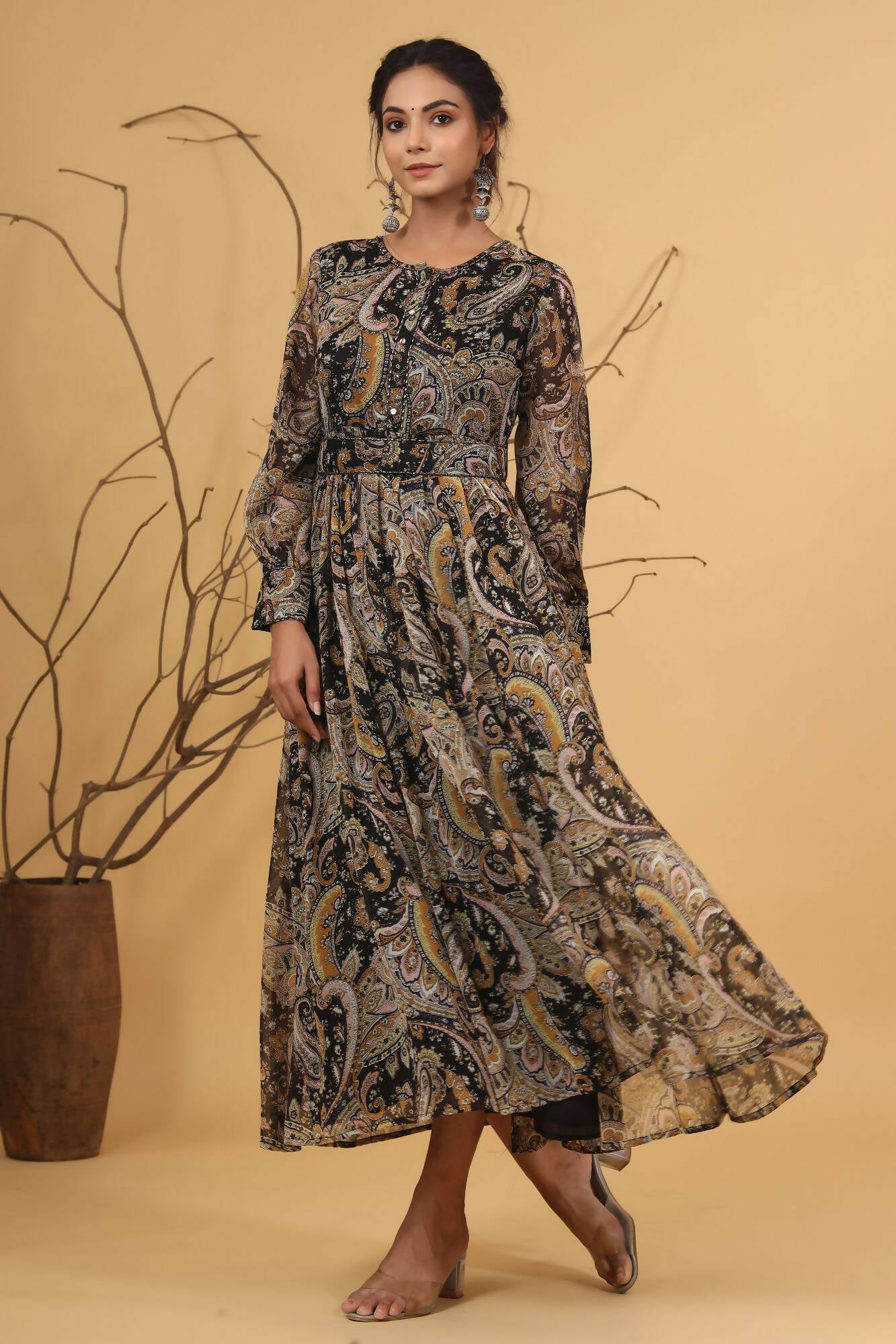 Juniper Women Black Chiffon Printed Flared Dress - Distacart