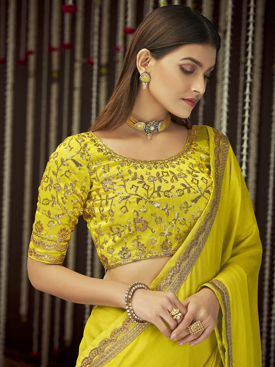 Myra Yellow Chinon Silk Heavy Embroidered Designer Saree - Distacart