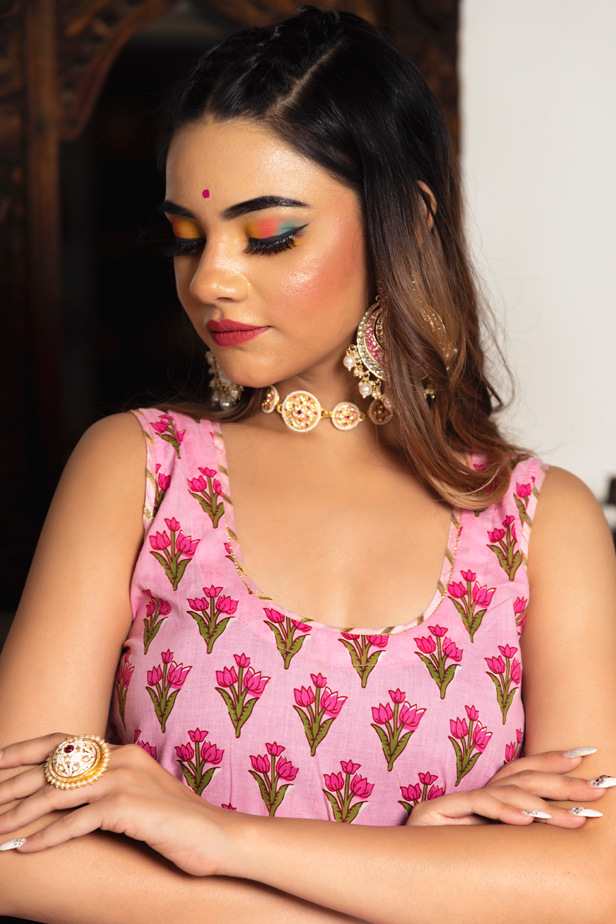 Pomcha Jaipur Gulbahar Pink Hand Block Suit Set - Distacart