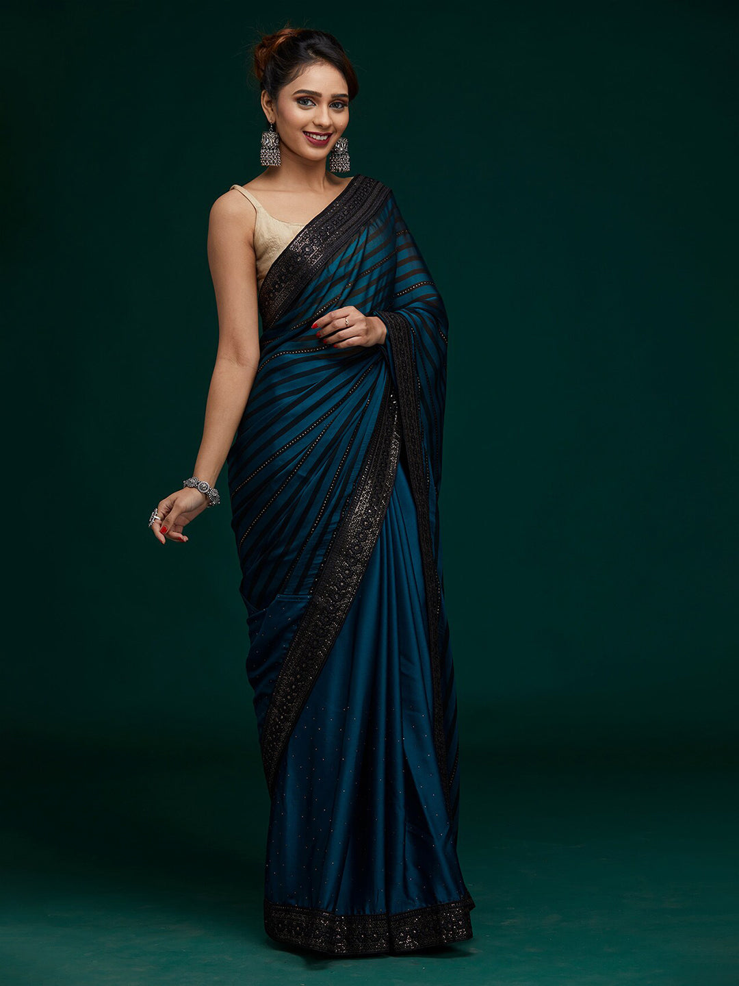 Koskii Women Blue & Silver-Toned Striped Sequined Saree - Distacart