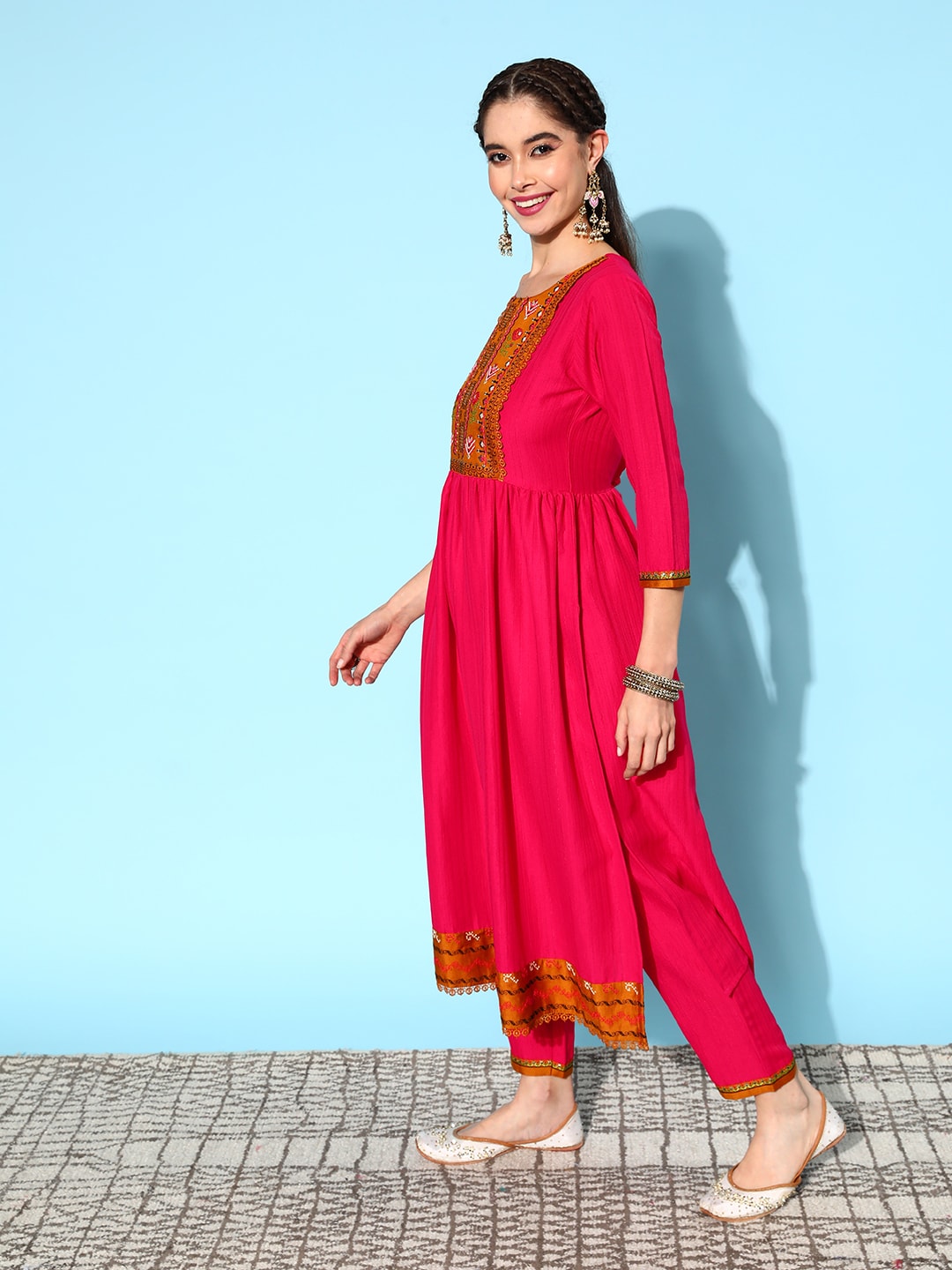 Sangria Ethnic Motifs Yoke Design Pleated Sequinned Kurta with Trousers & Dupatta - Distacart