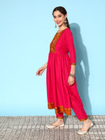 Thumbnail for Sangria Ethnic Motifs Yoke Design Pleated Sequinned Kurta with Trousers & Dupatta - Distacart