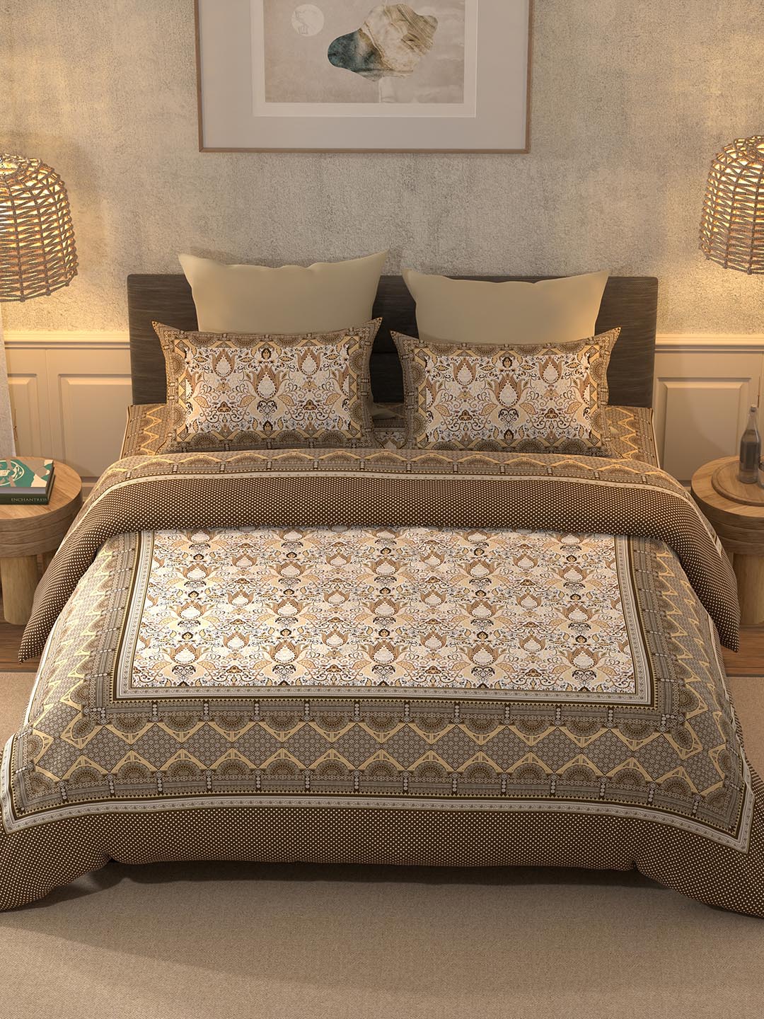 BELLA CASA Brown & Beige Ethnic Motifs Cotton 350 TC King Bedsheet with 2 Pillow Covers - Distacart