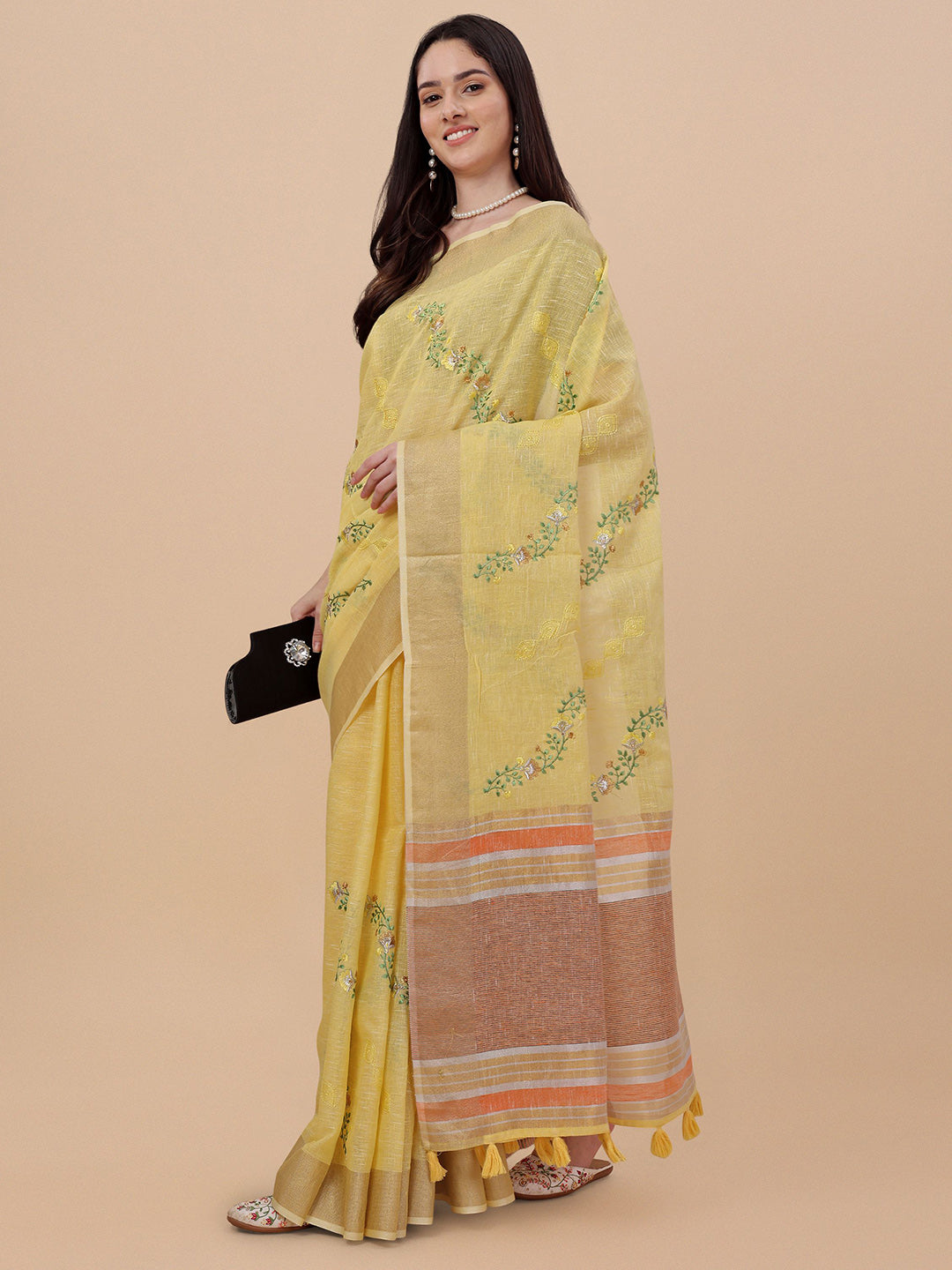 Mitera Floral Zari Pure Linen Saree - Distacart