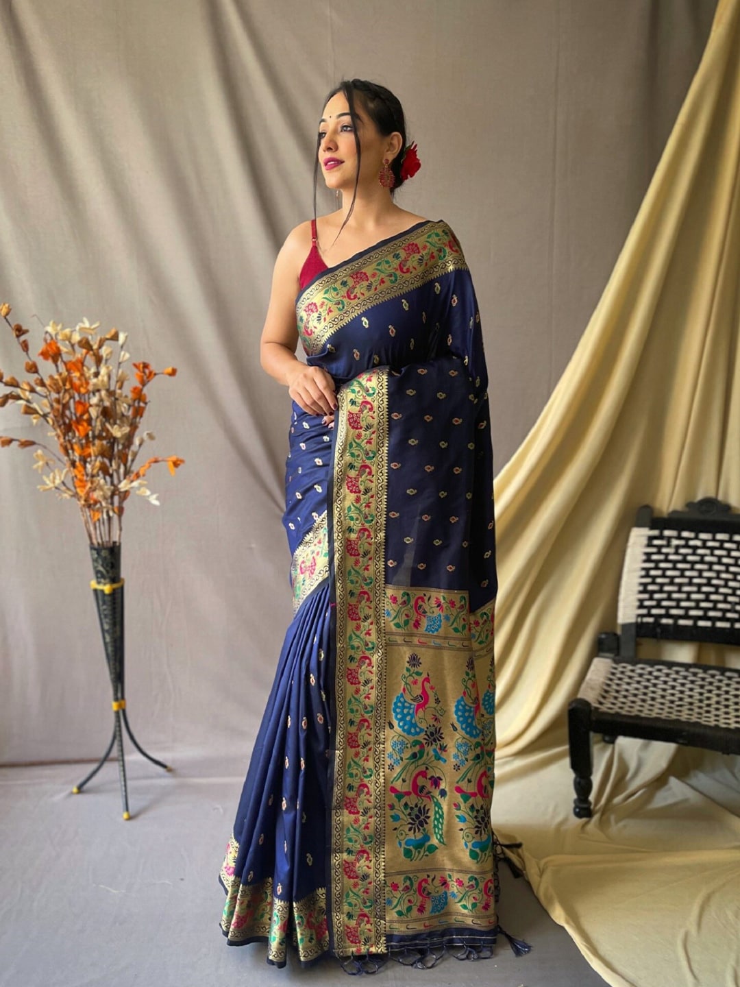 Mitera Navy Blue & Pink Ethnic Woven Design Zari Paithani Silk Saree - Distacart