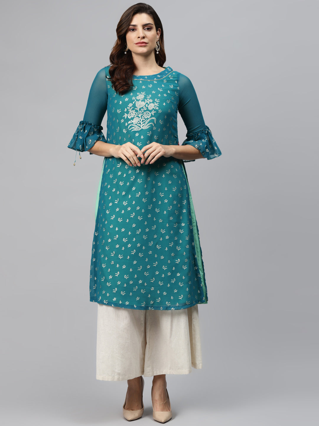 Biba Women Teal Blue & Golden Printed Straight Layered Kurta - Distacart