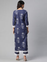 Thumbnail for Kalini Women Navy Blue & White Ethnic Motifs Printed Kurta with Trousers - Distacart