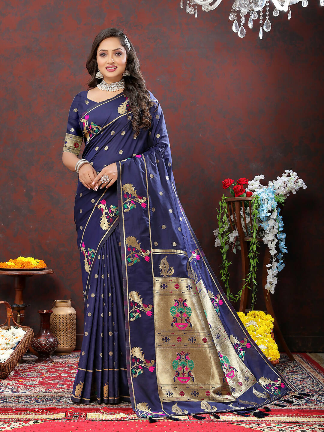 Lorenvalley Fashion Navyblue Soft Paithani Silk Woven Design Gold Zari Meenakari Weaving Saree - Distacart
