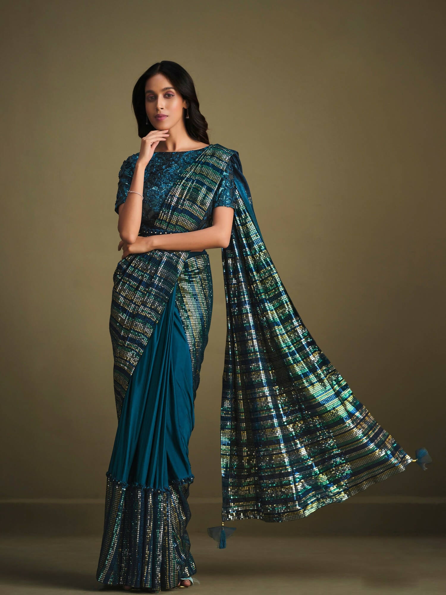 Teal Crystal Silk Sequence Embroidered Saree With Stitched Blouse - Mohmanthan La Belle - Distacart