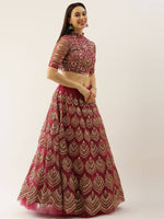 Thumbnail for House of Panchhi Women Rosegold Net Embroidered Mirror Lehenga & Blouse with Dupatta - Distacart