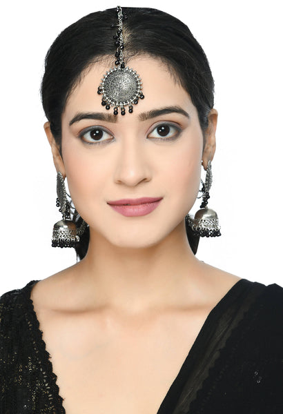 Mominos Fashion Johar Kamal Bahubali Black Beads Earrings With Tikka - Distacart