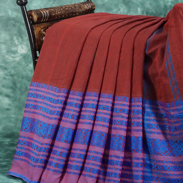 Maroon And Blue Colour Contrast Thread Borders Khadi Cotton Saree By Gayathri Reddy Designer Studio - Distacart