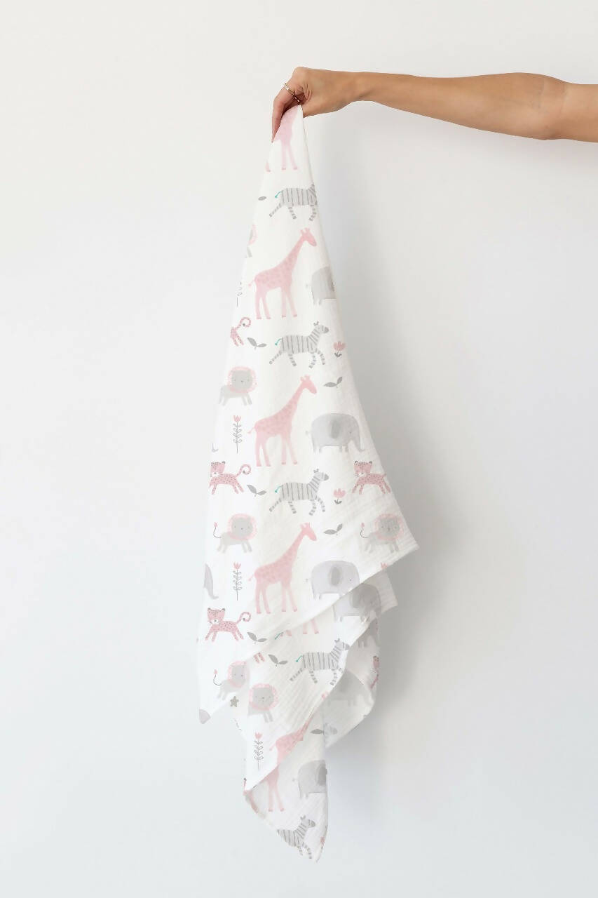 Kindermum Organic Cotton Muslin Swaddle Blanket 100 Cm X 100 Cm - Set Of 2 - Jungle Safari And Tiny Animals - Distacart